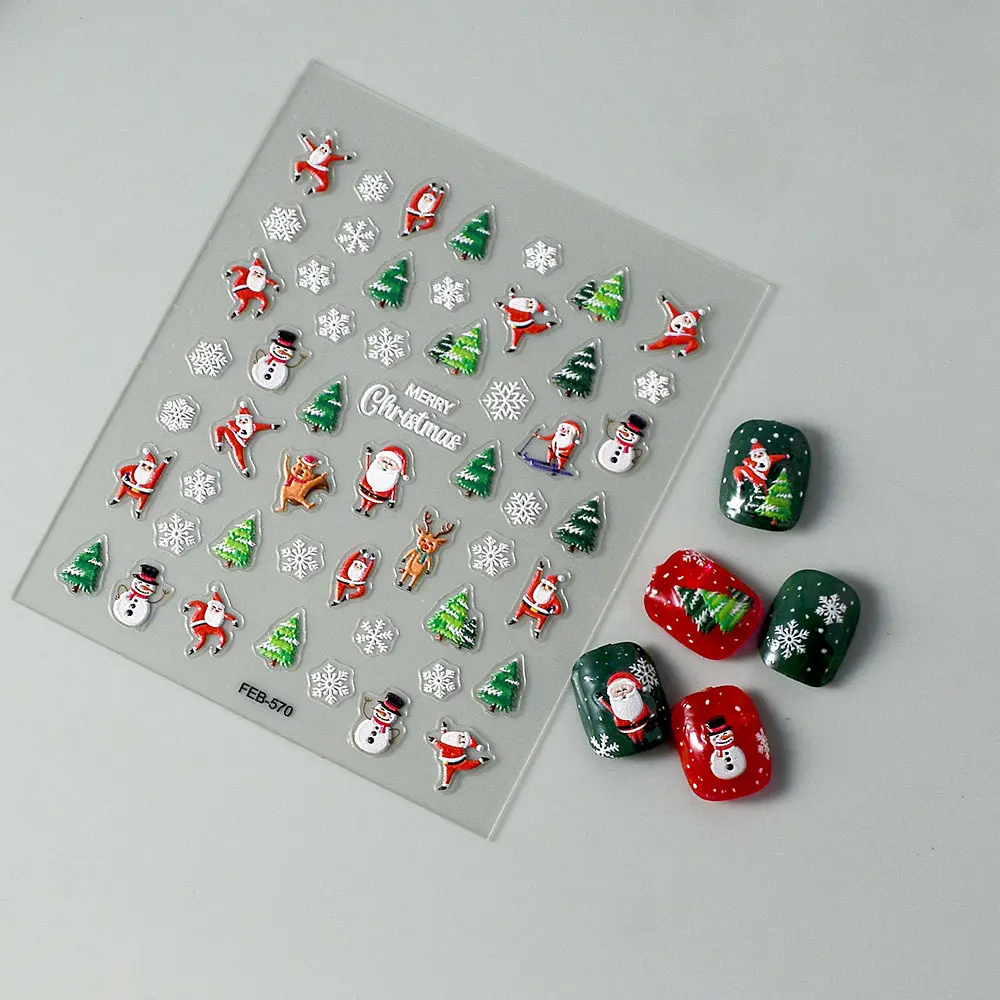 5D Embossed Christmas Nail Stickers Cartoon Snowflake Santa Claus Nail Sticker Self-Adhesive Decal for DIY Nail Art Decorations