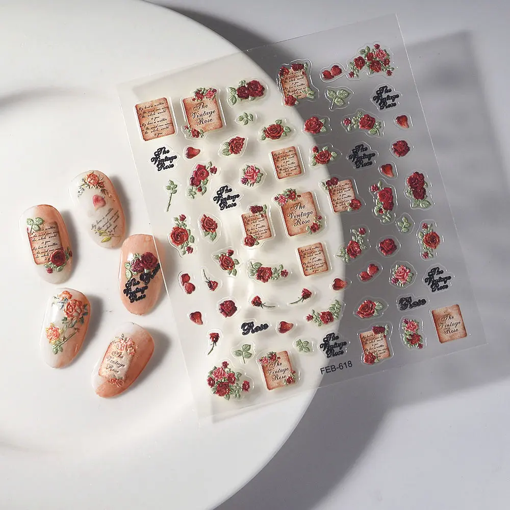 5D Flower Nail Art Stickers Embossed Cherry Blossom Floral Nail Self Adhesive Decal for Nail Art Design DIY Manicure Decorations