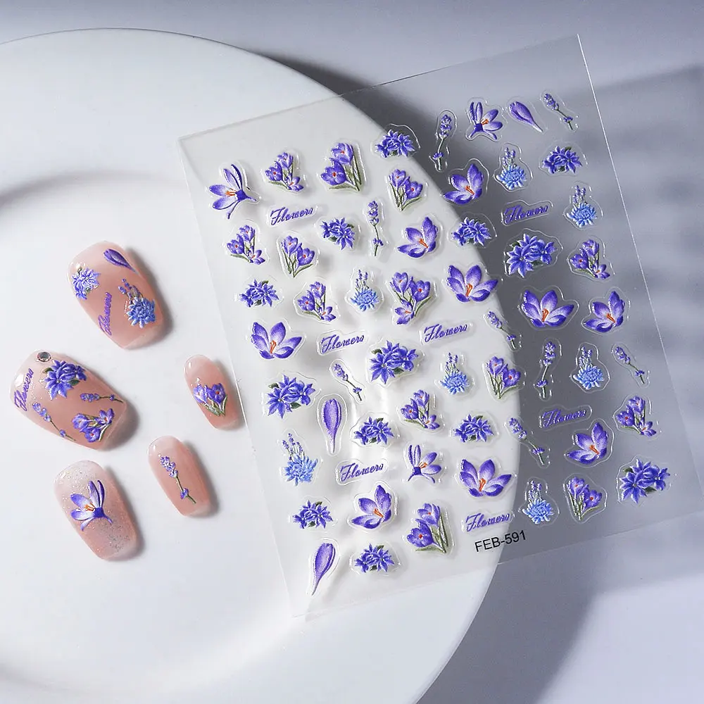 5D Flower Nail Art Stickers Embossed Cherry Blossom Floral Nail Self Adhesive Decal for Nail Art Design DIY Manicure Decorations