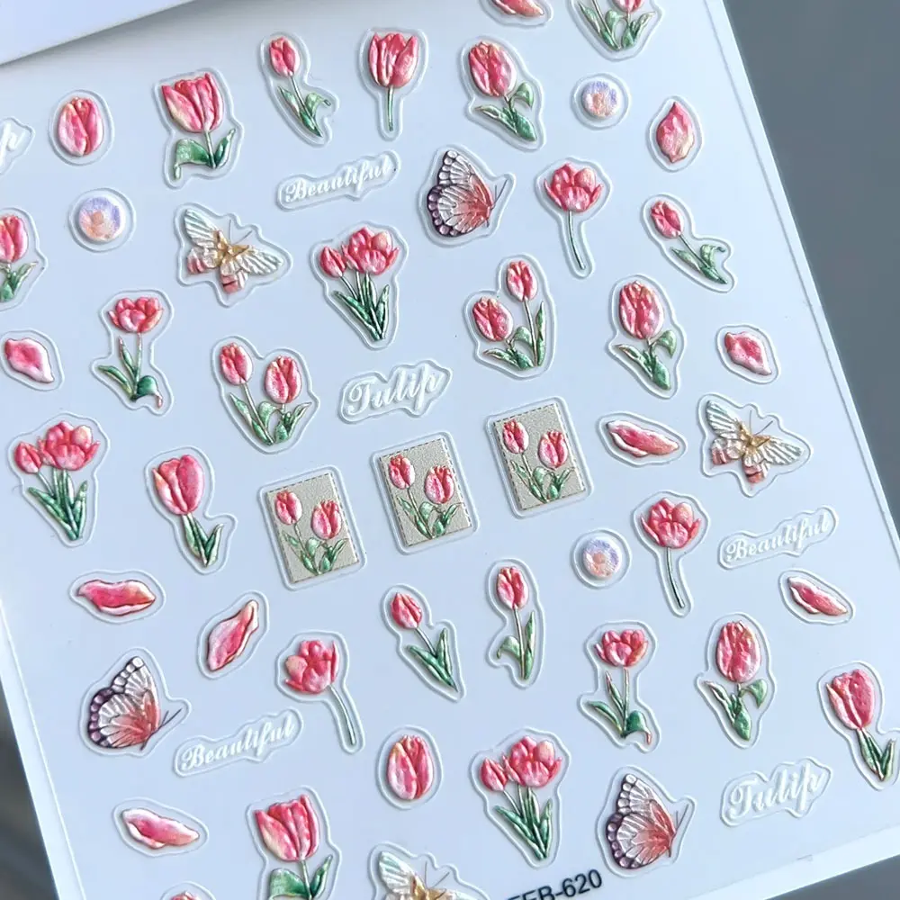 Elegant 5D Tulip Flower Nail Art Stickers Spring Embossed Tulip Nail Decals Self Adhesive Sticker for Nail Art Design Decoration