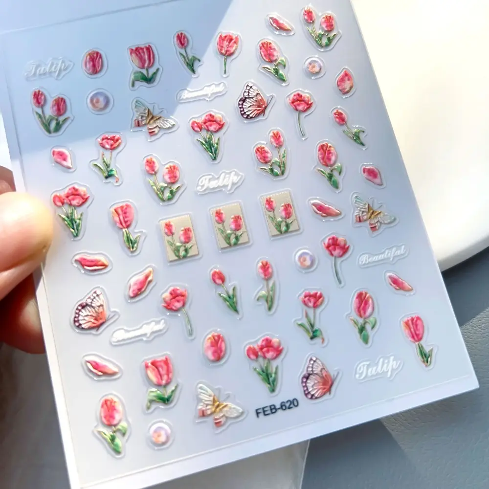 Elegant 5D Tulip Flower Nail Art Stickers Spring Embossed Tulip Nail Decals Self Adhesive Sticker for Nail Art Design Decoration