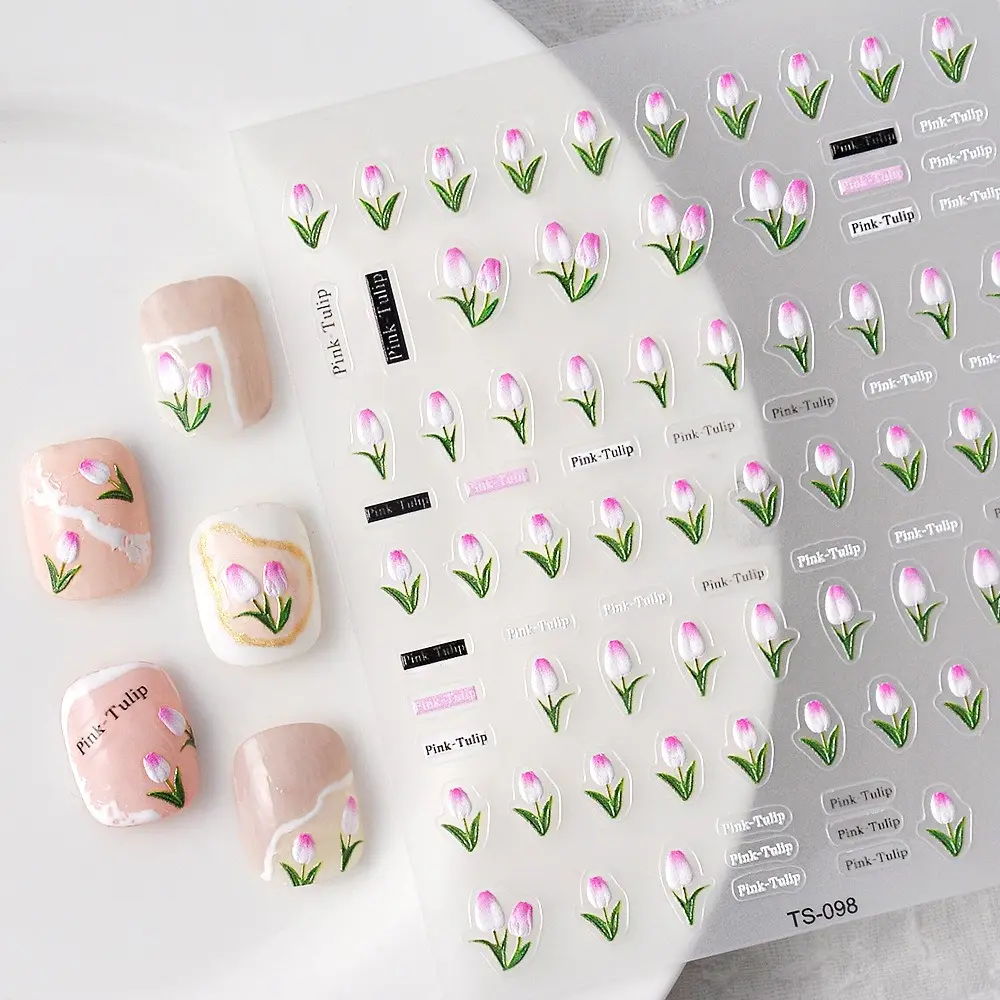 Elegant 5D Tulip Flower Nail Art Stickers Spring Embossed Tulip Nail Decals Self Adhesive Sticker for Nail Art Design Decoration