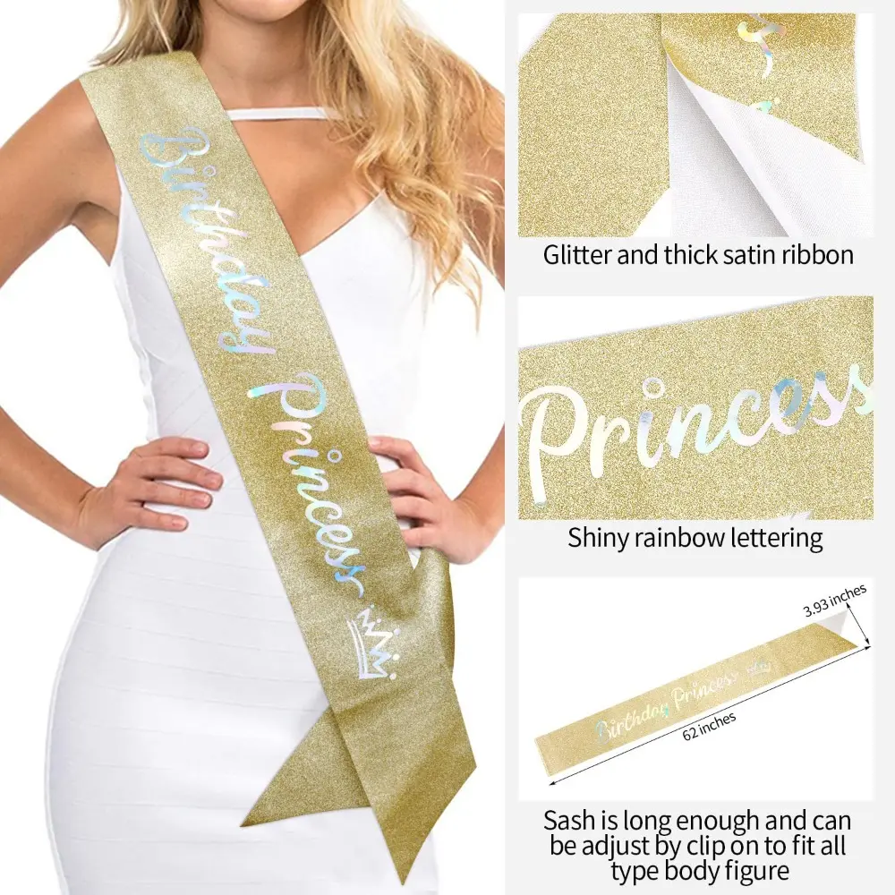 Glitter Birthday Princess Sash Birthday Sashes for Girls Women 16th 18th 21st 30th 40th Happy Birthday Party Decoration Supplies