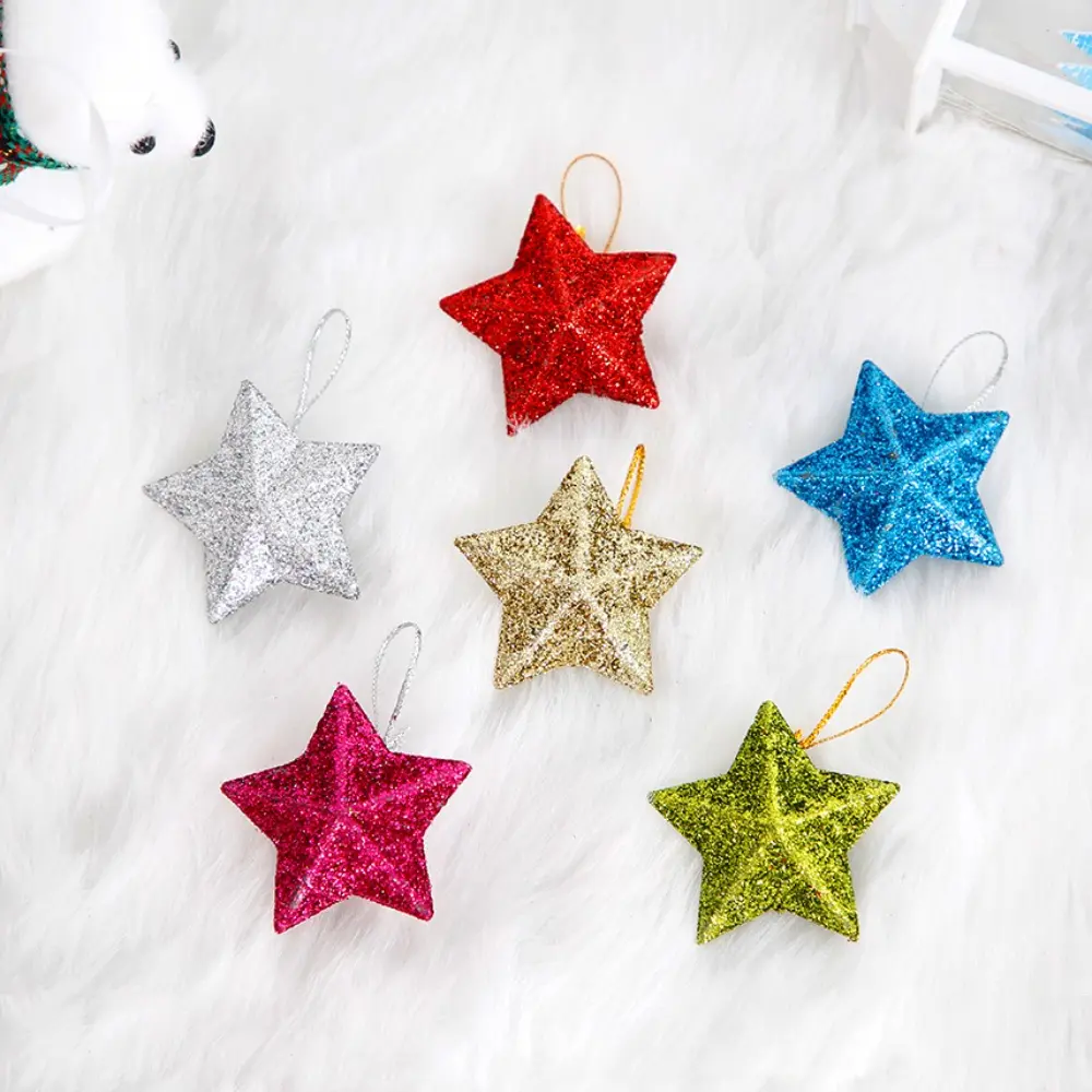 6pcs Glitter Gold Silver Christmas Ornaments 3D Star Embellishments Pendants for Xmas Tree Hanging Christmas Party Decorations