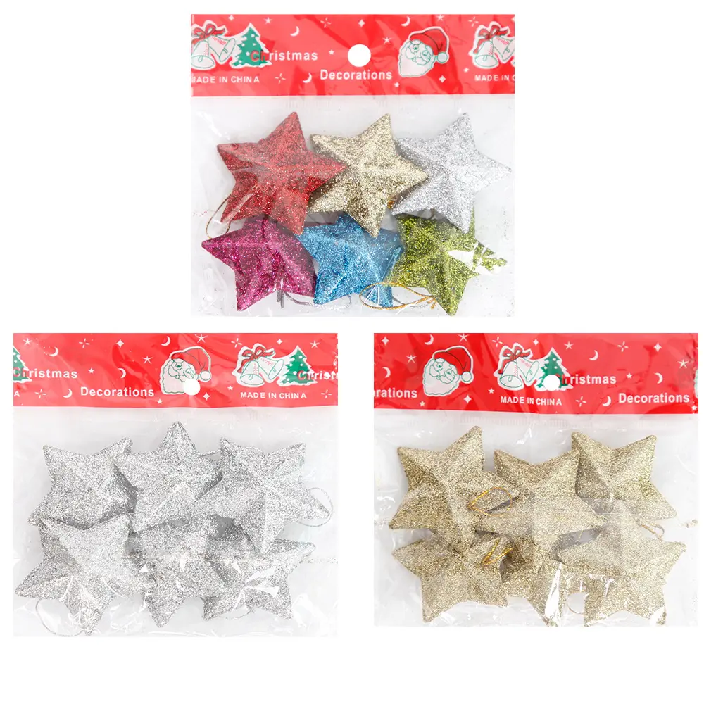 6pcs Glitter Gold Silver Christmas Ornaments 3D Star Embellishments Pendants for Xmas Tree Hanging Christmas Party Decorations