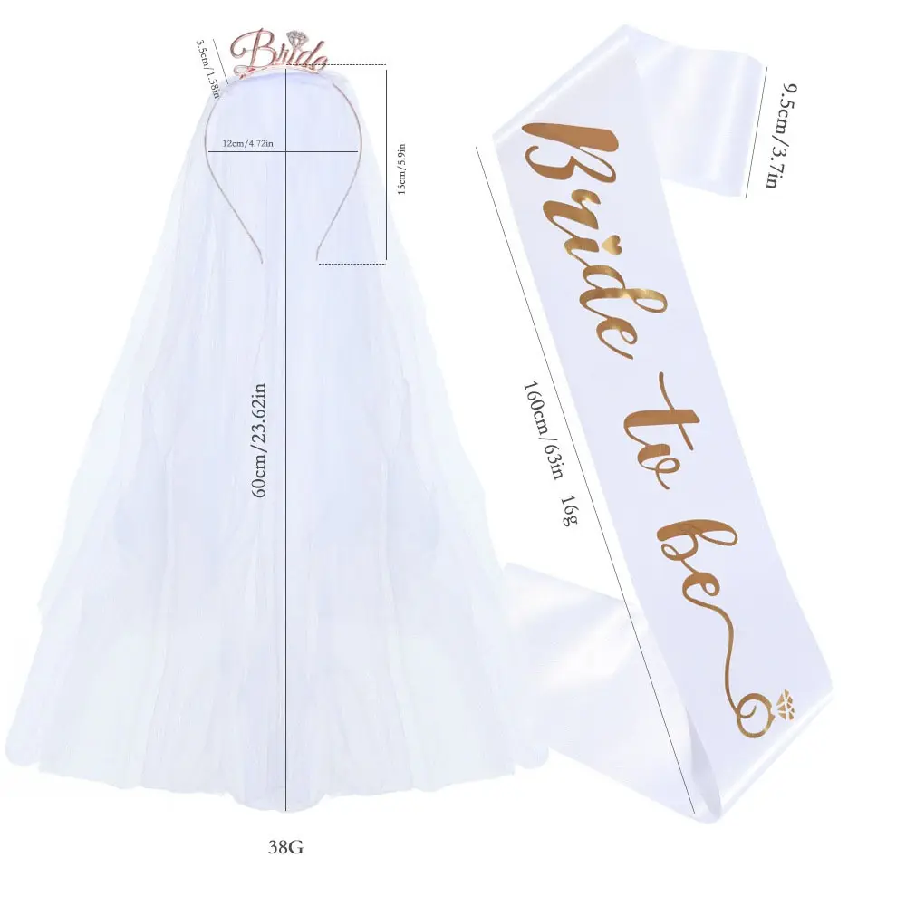 Set of 3pcs Bride To Be Sash Tiara Headband and Veil for Bridal Shower Wedding Hen Bachelorette Party Favor Decorations Supplies
