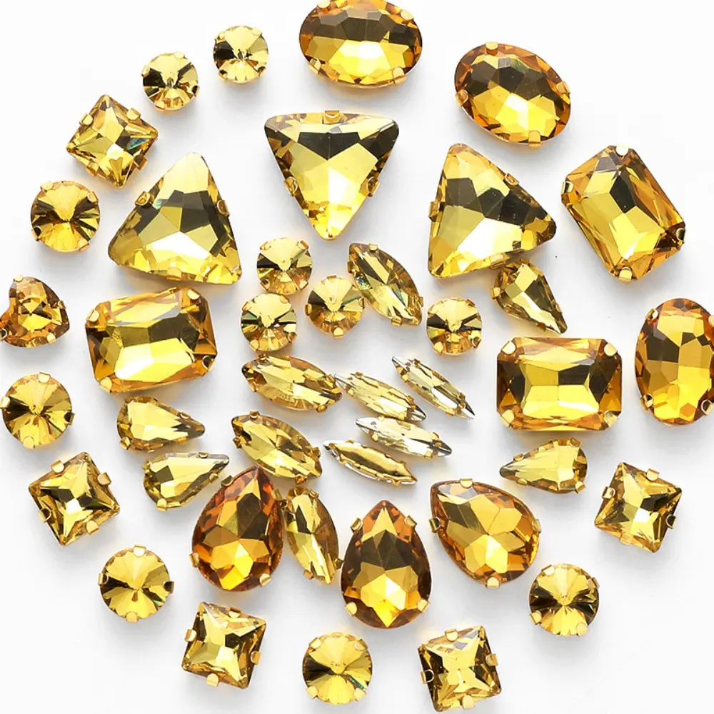 50pcs/Set Mixed Shape Crystal Glass Beads Gold Claw Rhinestone Hand Sew On Diamond for Dress Bags Shoes Jewelry Making DIY Craft