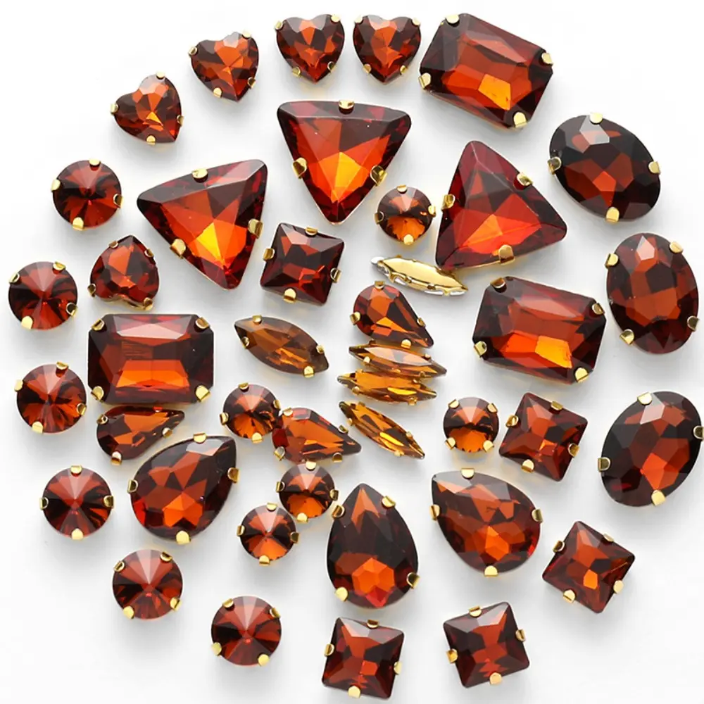 50pcs/Set Mixed Shape Crystal Glass Beads Gold Claw Rhinestone Hand Sew On Diamond for Dress Bags Shoes Jewelry Making DIY Craft