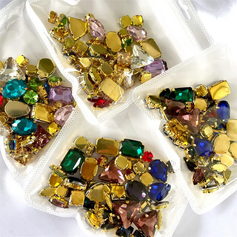 50pcs/Set Mixed Shape Crystal Glass Beads Gold Claw Rhinestone Hand Sew On Diamond for Dress Bags Shoes Jewelry Making DIY Craft