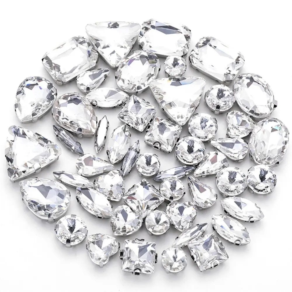50pcs Mix Shape Silver Claw Rhinestone Hand Sew On Diamond Crystal Glass Beads for Wedding Dress Shoes Jewelry Making DIY Craft