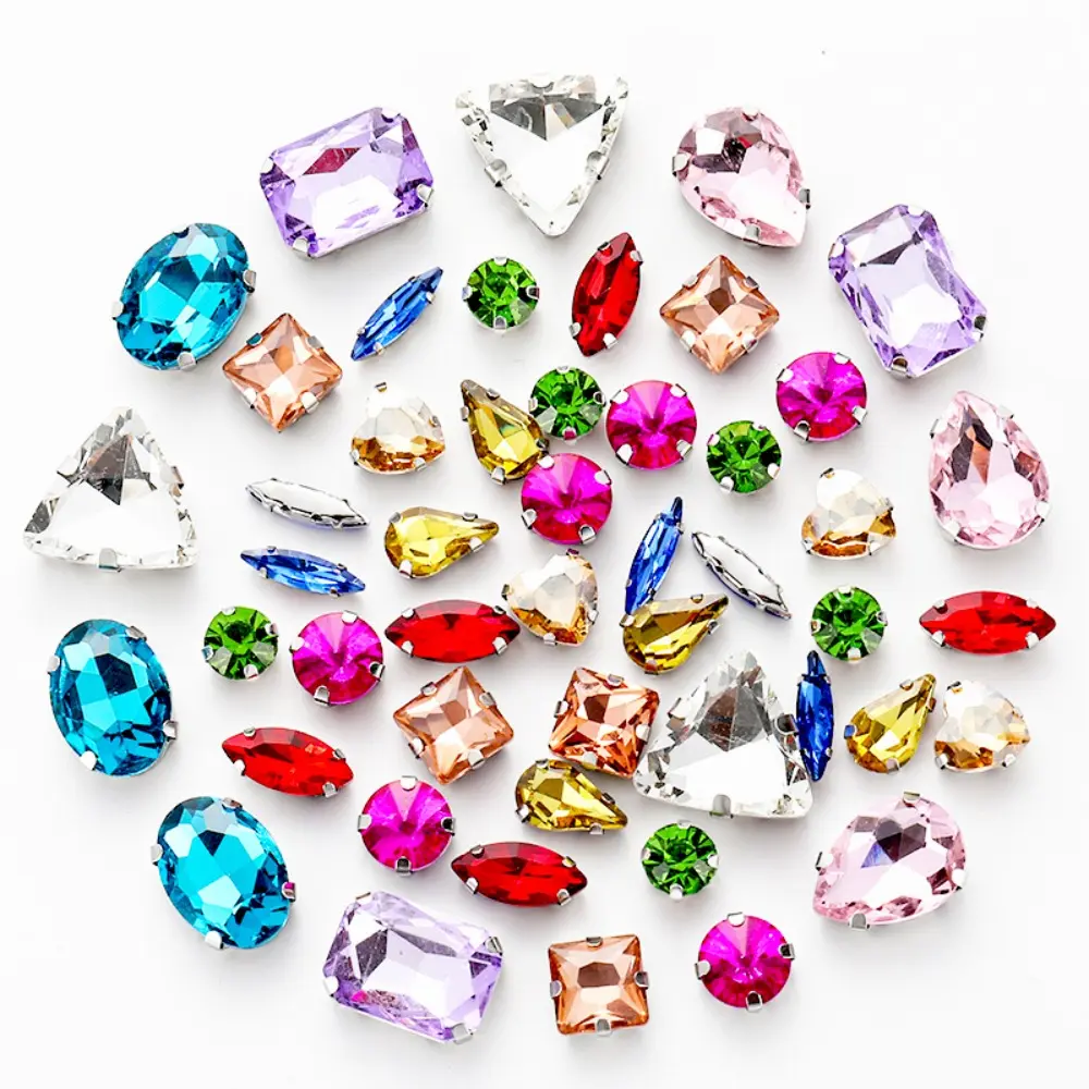 50pcs Mix Shape Silver Claw Rhinestone Hand Sew On Diamond Crystal Glass Beads for Wedding Dress Shoes Jewelry Making DIY Craft