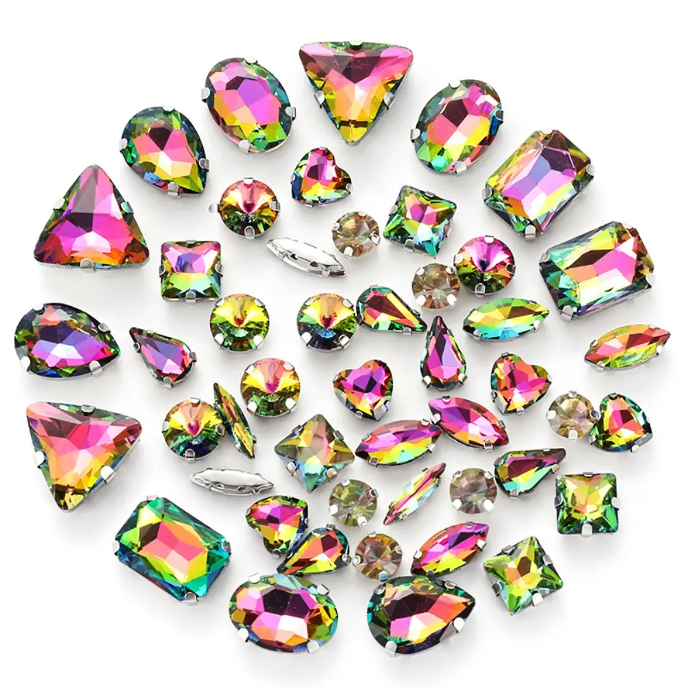50pcs Mix Shape Silver Claw Rhinestone Hand Sew On Diamond Crystal Glass Beads for Wedding Dress Shoes Jewelry Making DIY Craft