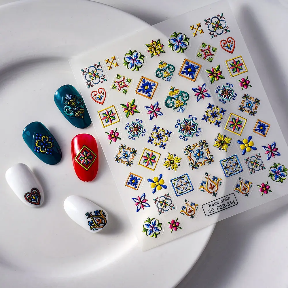 5D Hand Painted Nail Stickers Bohemian Ethnic Style Self Adhesive Baroque Nail Art Stickers for Women Girls Nail Art Decorations