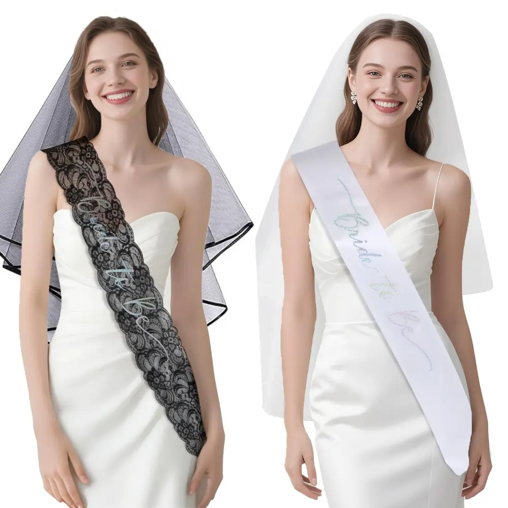 2pcs/Set Bride To Be Sash and Veil for Hen Night Bachelorette Bridal Shower Wedding Party Favor Decorations Supplies White Black