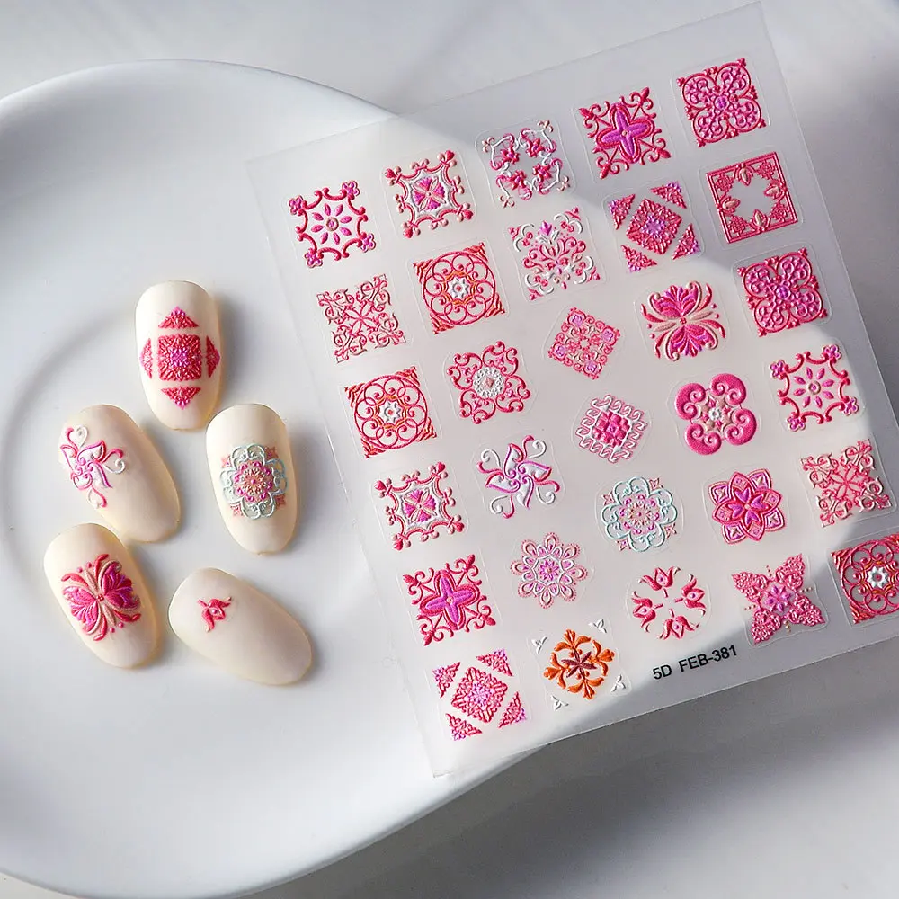 5D Hand Painted Nail Stickers Bohemian Ethnic Style Self Adhesive Baroque Nail Art Stickers for Women Girls Nail Art Decorations