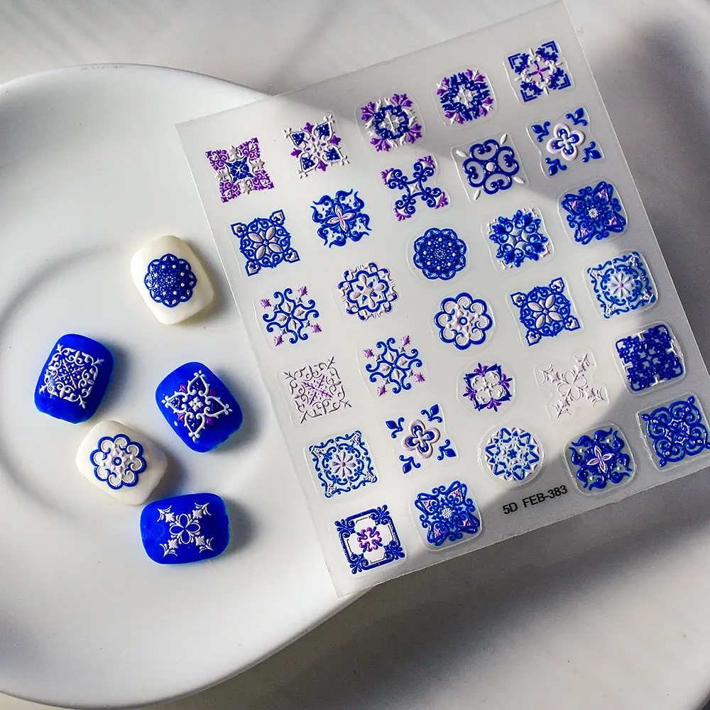 5D Hand Painted Nail Stickers Bohemian Ethnic Style Self Adhesive Baroque Nail Art Stickers for Women Girls Nail Art Decorations