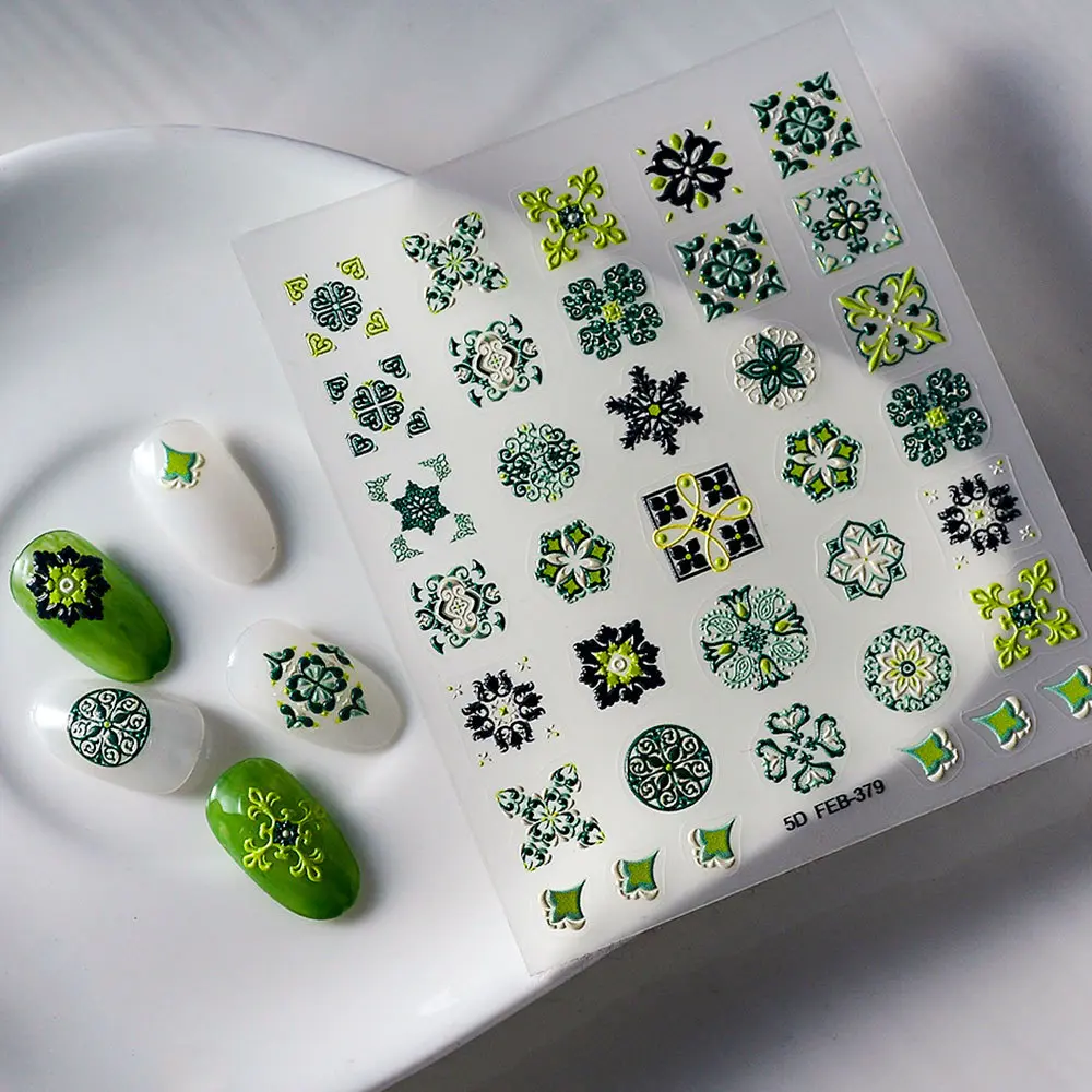 5D Hand Painted Nail Stickers Bohemian Ethnic Style Self Adhesive Baroque Nail Art Stickers for Women Girls Nail Art Decorations