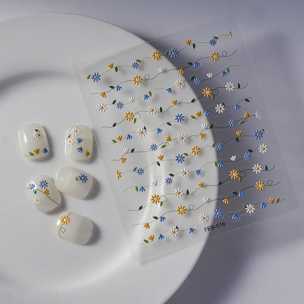 5D Embossed Flower Nail Stickers White Small Daisy Flower Nail Stickers Self-Adhesive Decal for Nail Art Accessories Decoration