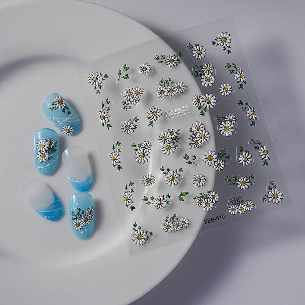 5D Embossed Flower Nail Stickers White Small Daisy Flower Nail Stickers Self-Adhesive Decal for Nail Art Accessories Decoration