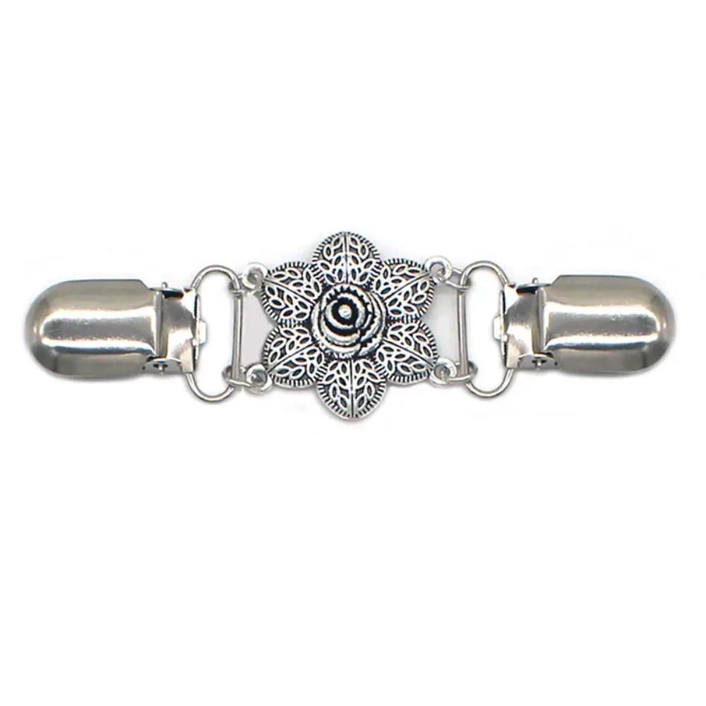 Retro Flower Sweater Shawl Clips Fasteners Back Cinch Clips Cardigan Dress Collar Brooch Clips for Women Girls Clothing Silver