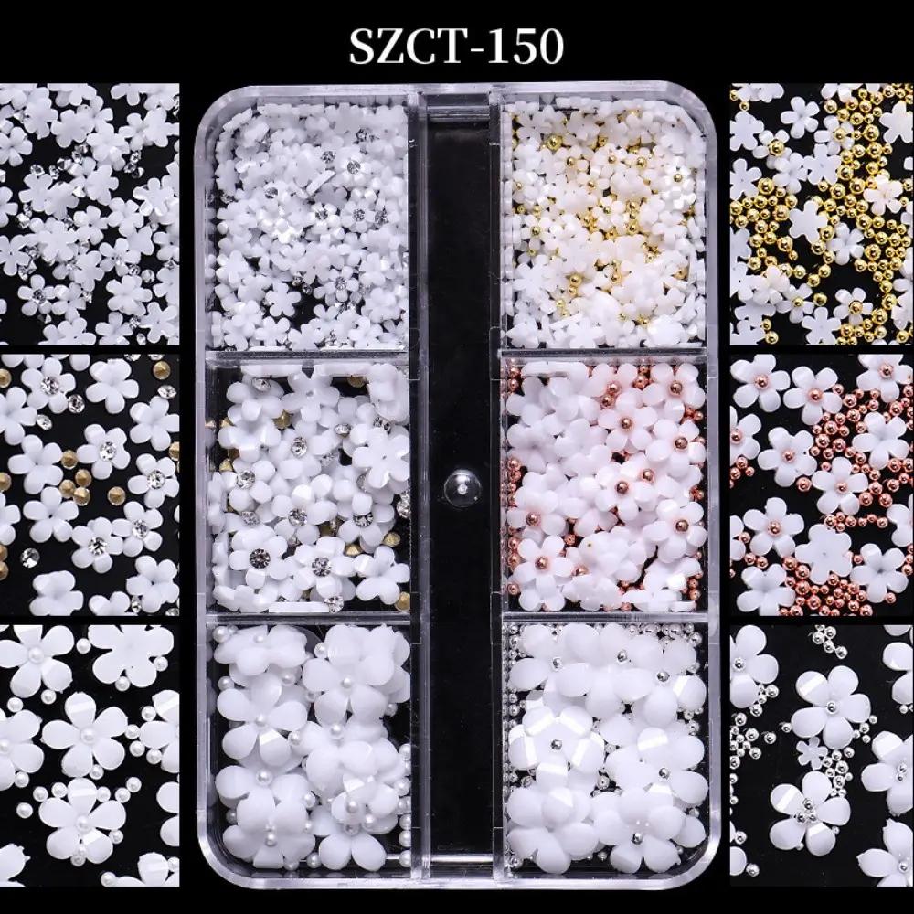 3D Flower Nail Charms Mixed Size Spring Cherry Blossom Flower with Pearls Gem Charms Nail for Nail Art Supplies Decorations