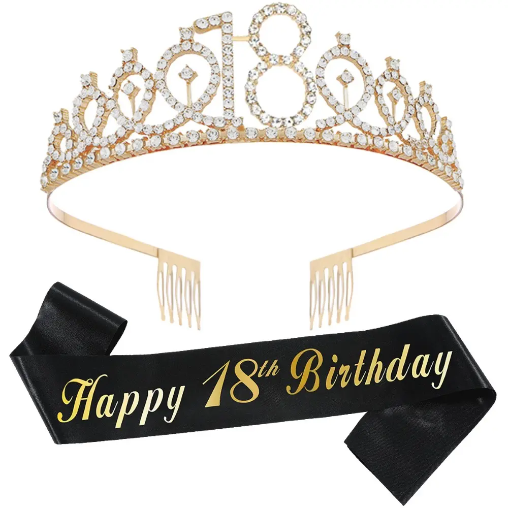 Black Gold Happy 16 18 21 30 40 50 Birthday Sash and Rhinestone Tiara Crown for Girls Women Birthday Party Decorations Supplies