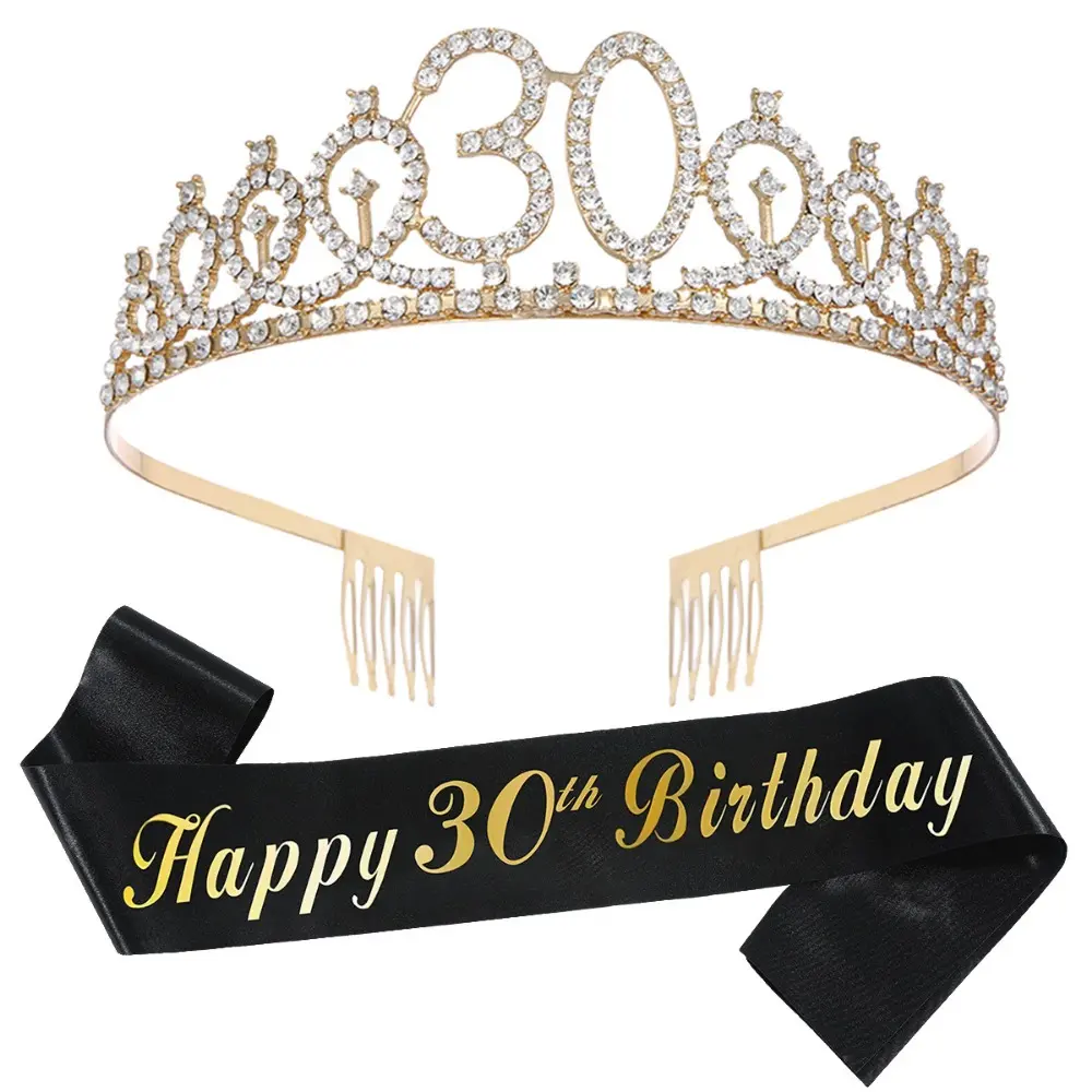 Black Gold Happy 16 18 21 30 40 50 Birthday Sash and Rhinestone Tiara Crown for Girls Women Birthday Party Decorations Supplies