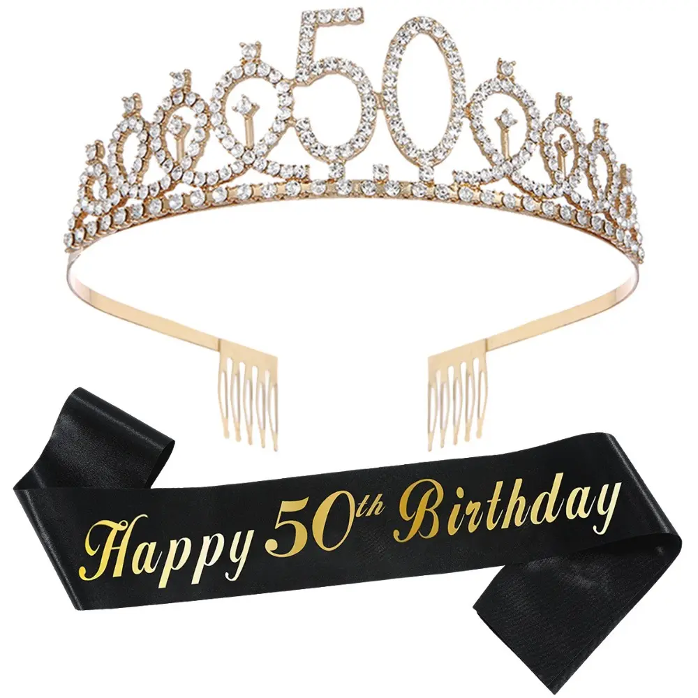 Black Gold Happy 16 18 21 30 40 50 Birthday Sash and Rhinestone Tiara Crown for Girls Women Birthday Party Decorations Supplies