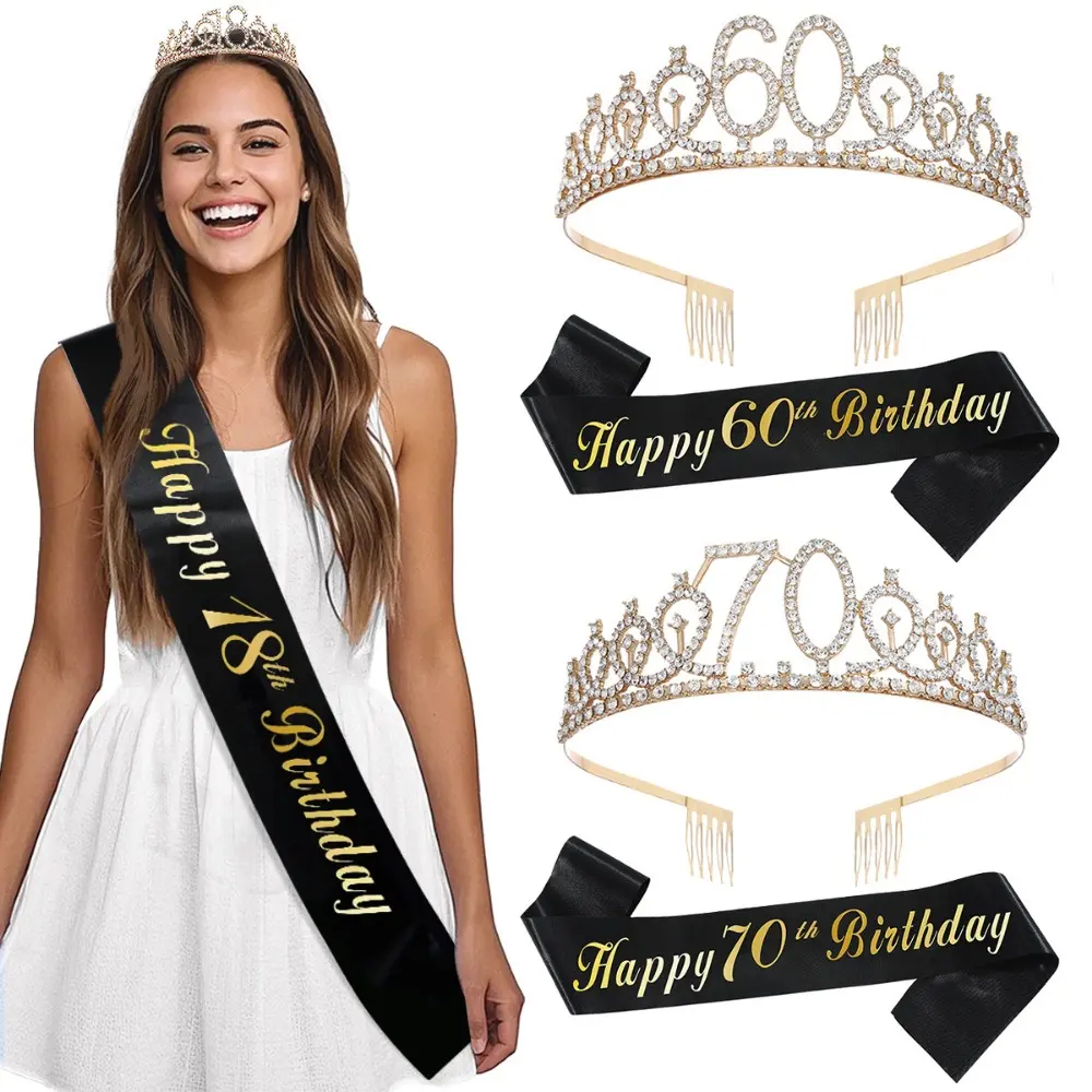 Black Gold Happy 16 18 21 30 40 50 Birthday Sash and Rhinestone Tiara Crown for Girls Women Birthday Party Decorations Supplies