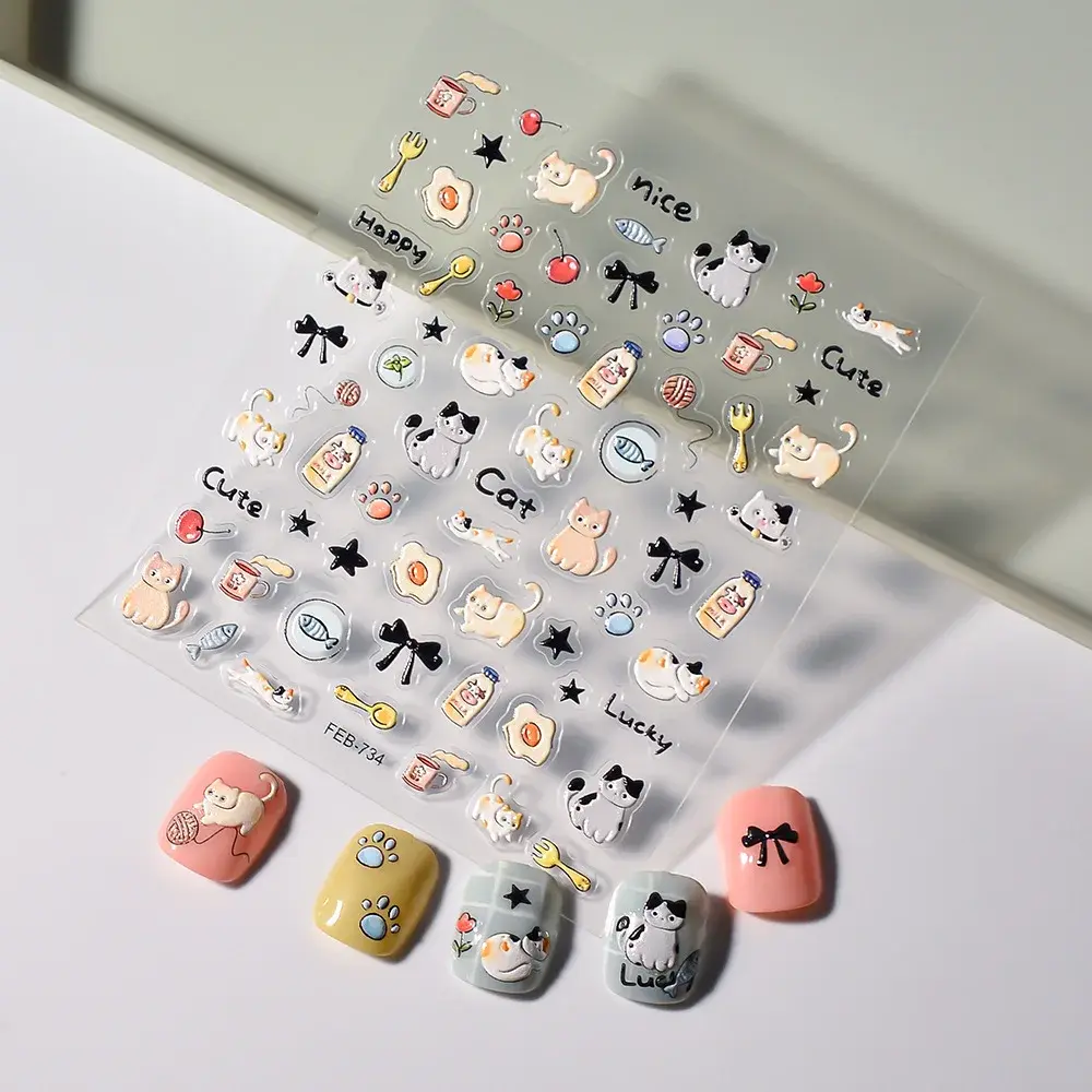 5D Embossed Cute Cat Nail Stickers Cartoon Kawaii Cat Nail Decals Self Adhesive Sticker for Nail Art Designs Manicure Decoration