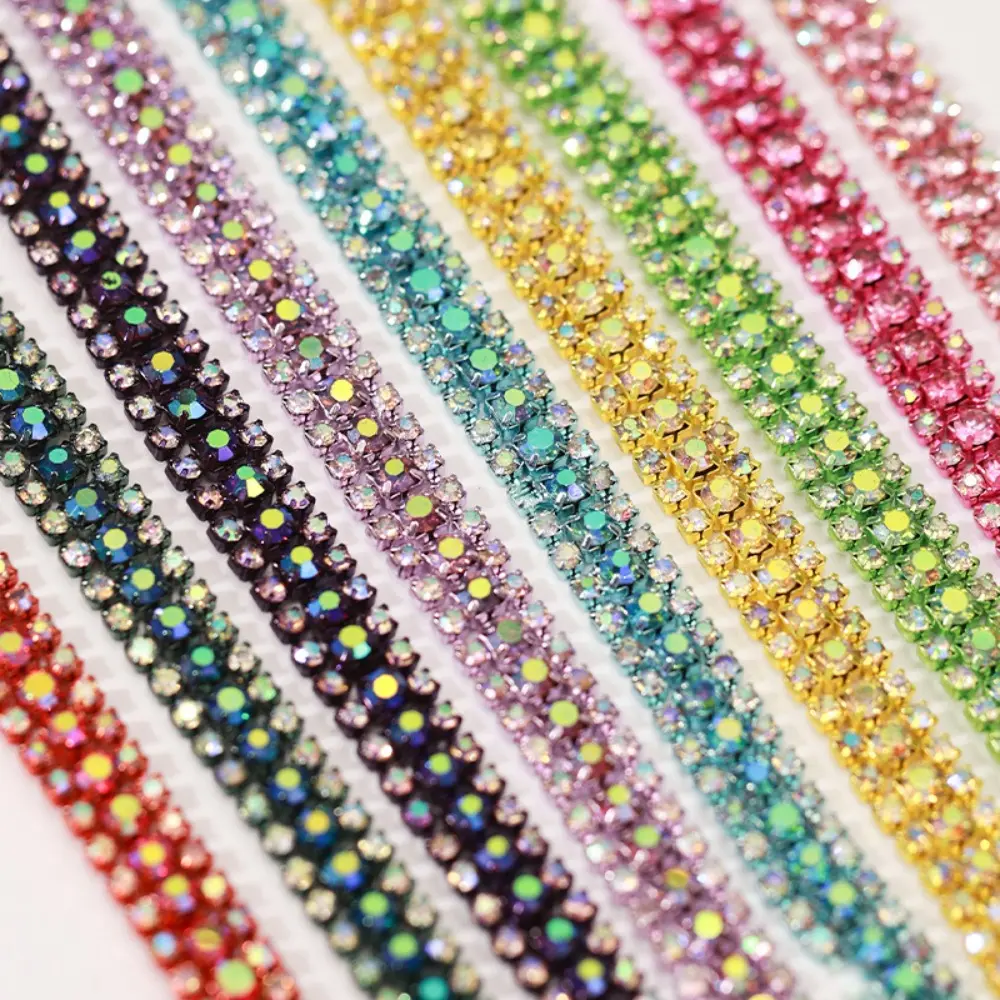 3 Rows 8mm Crystal Rhinestone Close Chain Trim Bling Diamonds Rhinestone Chains for Crafts DIY Sewing Jewelry Clothing Wedding