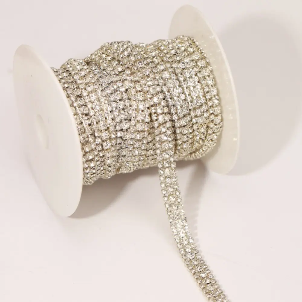 3 Rows 8mm Crystal Rhinestone Close Chain Trim Bling Diamonds Rhinestone Chains for Crafts DIY Sewing Jewelry Clothing Wedding