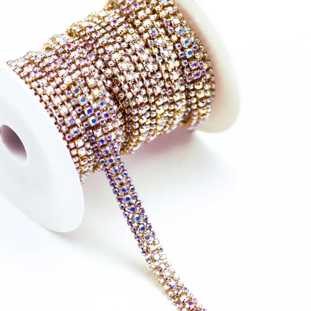 3 Rows 8mm Crystal Rhinestone Close Chain Trim Bling Diamonds Rhinestone Chains for Crafts DIY Sewing Jewelry Clothing Wedding