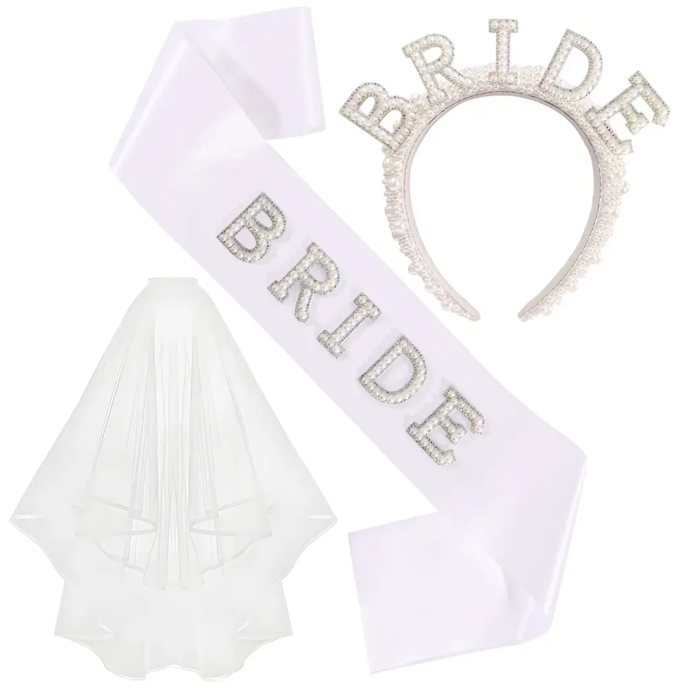 3pcs/Set Pearl Crystal Bride To Be Sash Headband and Veil for Bridal Shower Wedding Hen Bachelorette Party Decorations Supplies