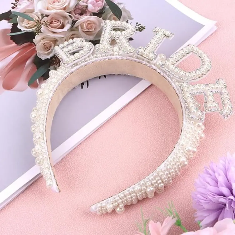 3pcs/Set Pearl Crystal Bride To Be Sash Headband and Veil for Bridal Shower Wedding Hen Bachelorette Party Decorations Supplies