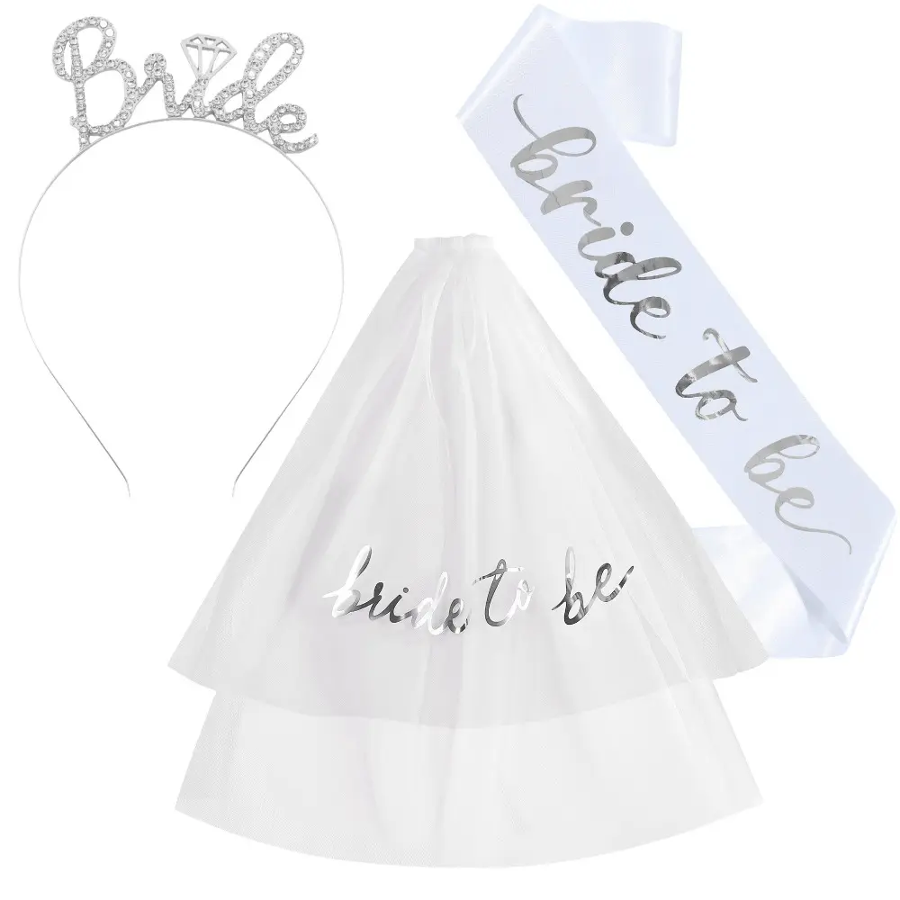 3pcs/Set Bride To Be Tiara Headband Sash and Veil for Hen Bachelorette Bridal Shower Wedding Party Favor Decorations Supplies