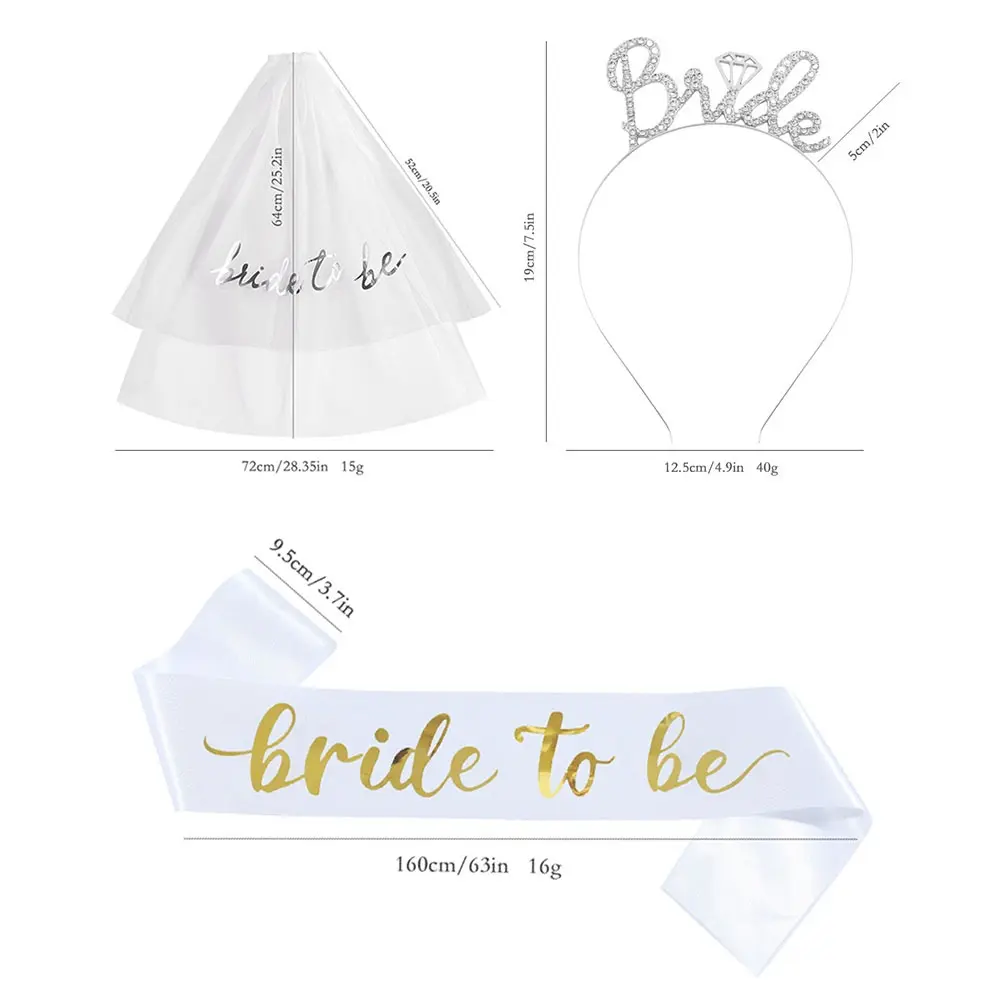 3pcs/Set Bride To Be Tiara Headband Sash and Veil for Hen Bachelorette Bridal Shower Wedding Party Favor Decorations Supplies