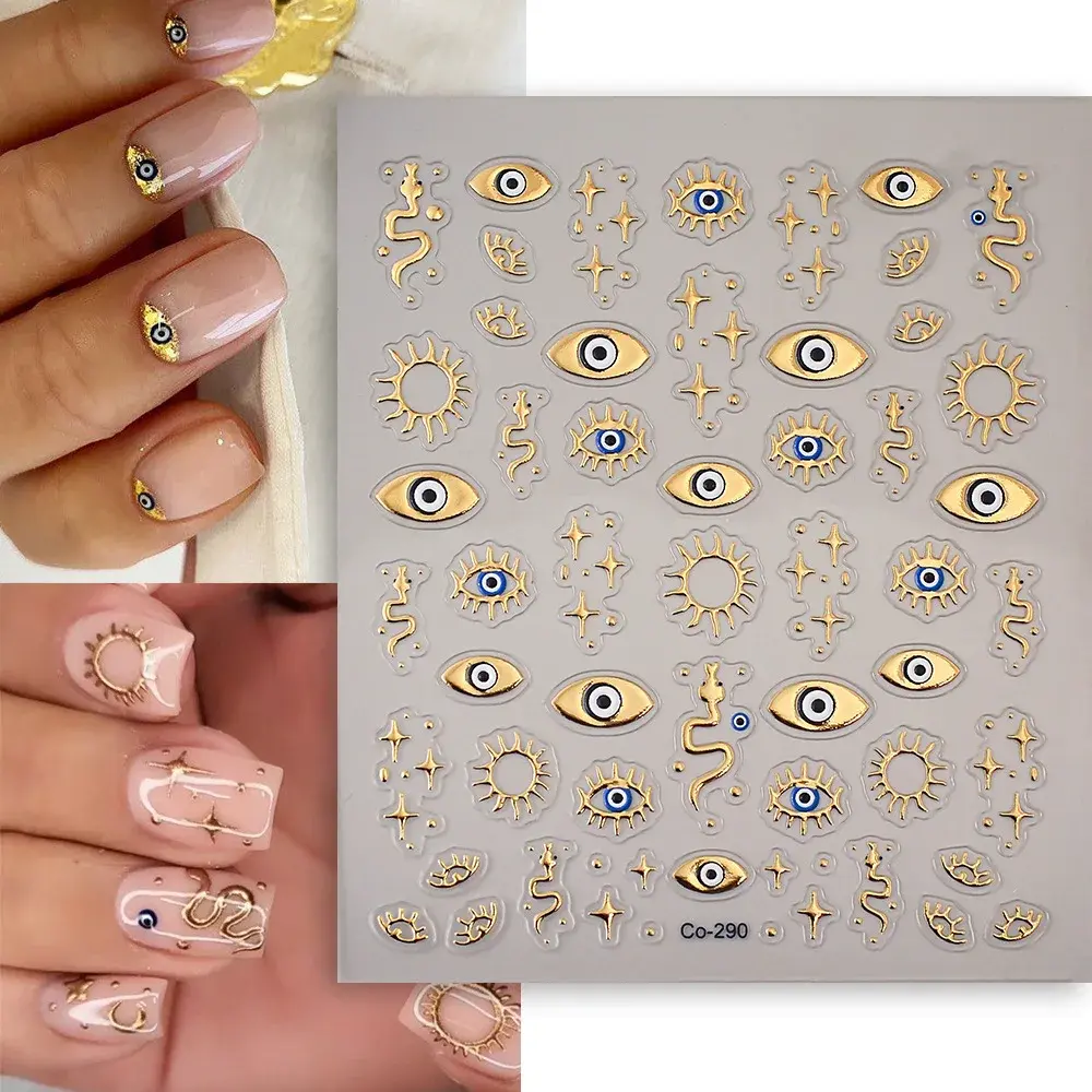 5D Embossed Gold Angel Eye Nail Stickers Eye Eyelashes Nail Self-Adhesive Decals for Girls Women Nail Art Accessories Decoration