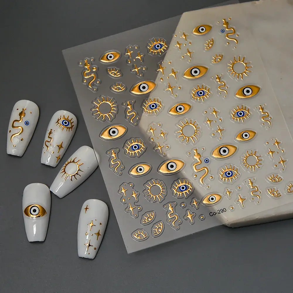 5D Embossed Gold Angel Eye Nail Stickers Eye Eyelashes Nail Self-Adhesive Decals for Girls Women Nail Art Accessories Decoration