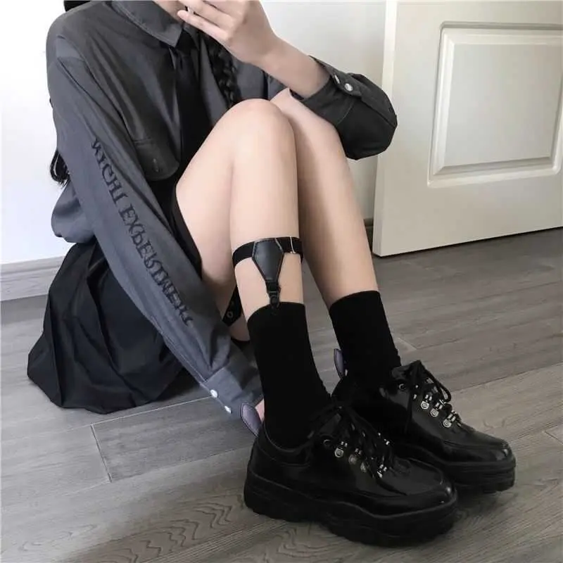 1 Pair Black Sock Garters for Women Girl JK Japanese Style Adjustable Elastic Non-Slip Sock Garter Holder Belt Leg Suspenders