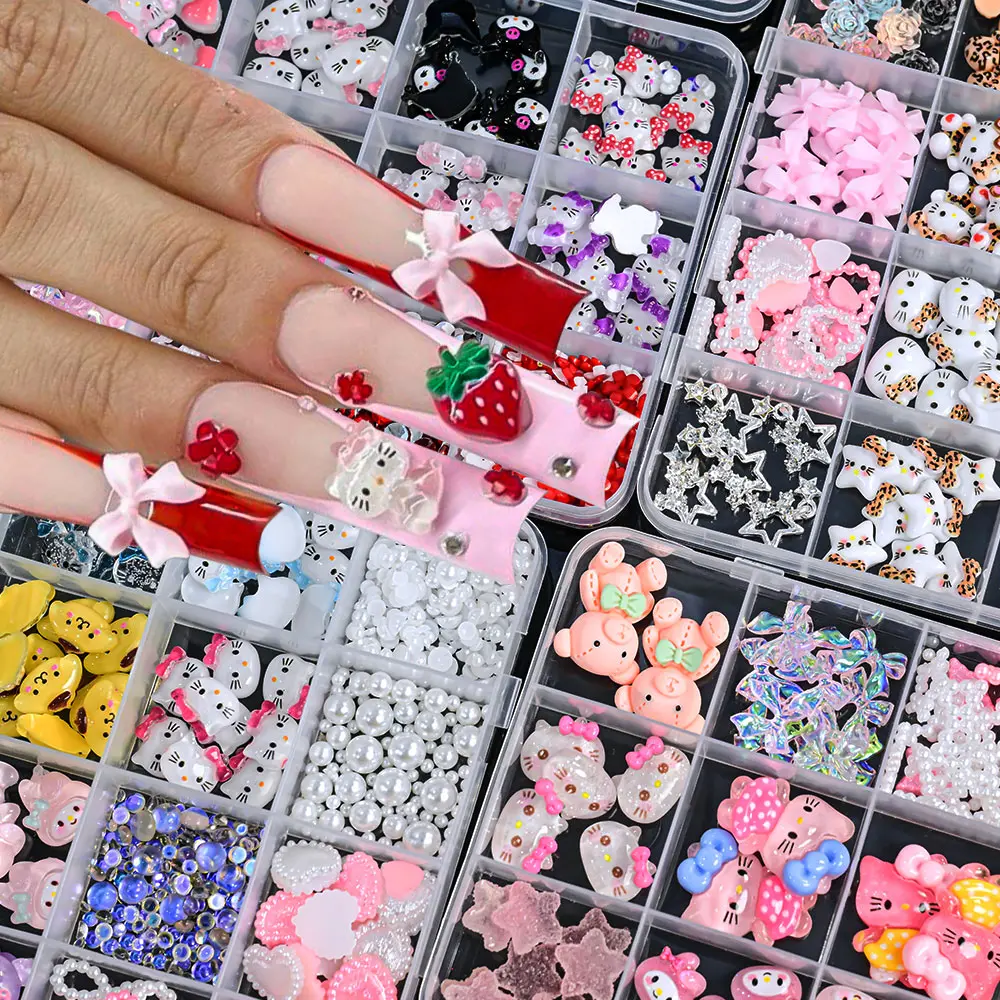 12Grids/Box Hello Kitty Design DIY Nail Art Jewelry Decor Kuromi Charms For Manicure Nail Parts Rhinestone Toy Gift for Girls *&