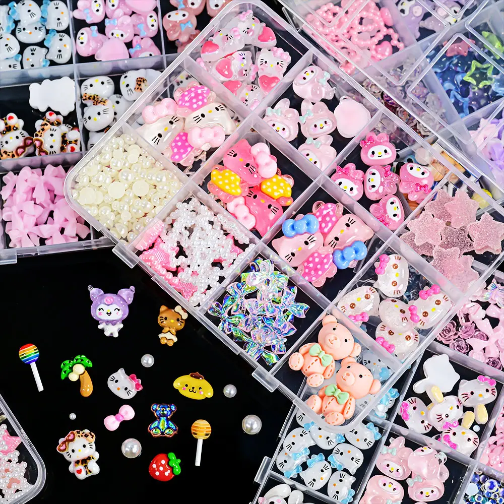 12Grids/Box Hello Kitty Design DIY Nail Art Jewelry Decor Kuromi Charms For Manicure Nail Parts Rhinestone Toy Gift for Girls *&