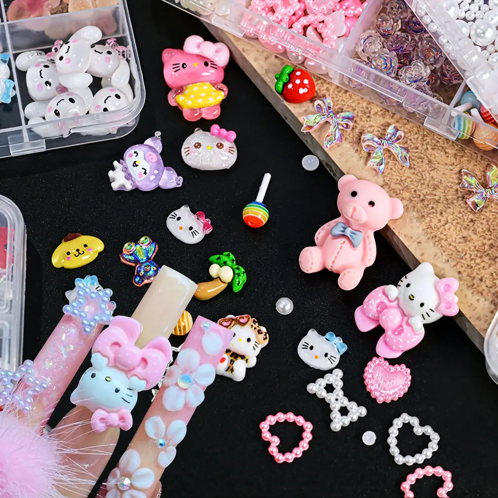 12Grids/Box Hello Kitty Design DIY Nail Art Jewelry Decor Kuromi Charms For Manicure Nail Parts Rhinestone Toy Gift for Girls *&