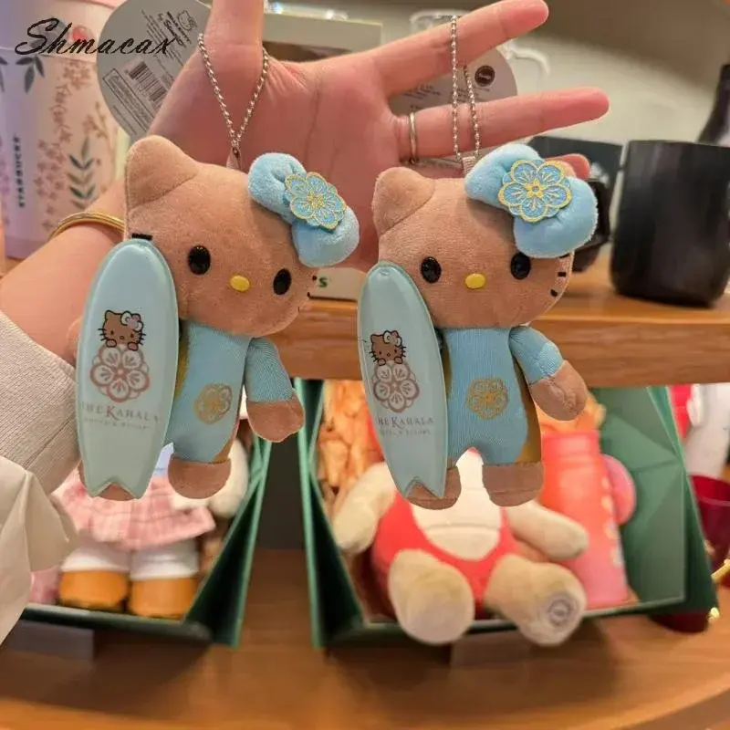 Creative Hawaiian Surfboards Hello Kitty Cat Keychain Cartoon KT Cat Plush Doll Keyring Bag Pendant Decoration Best Friend Gift