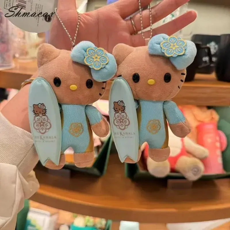 Creative Hawaiian Surfboards Hello Kitty Cat Keychain Cartoon KT Cat Plush Doll Keyring Bag Pendant Decoration Best Friend Gift