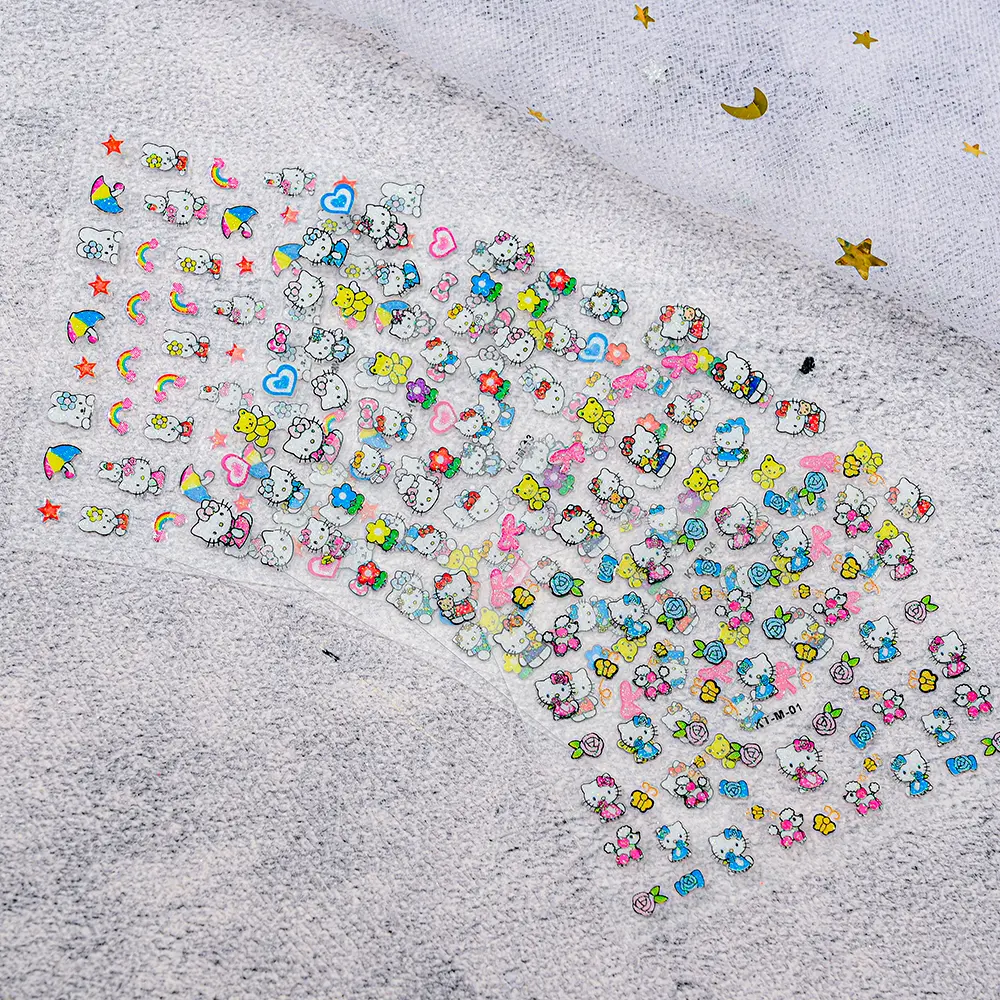 30Pcs Miniso Kawaii 3D Glitter Nail Stickers Hello Kitty Cartoon Design For Nail Decals Supplies KT Cat Stickers Press on Nails^