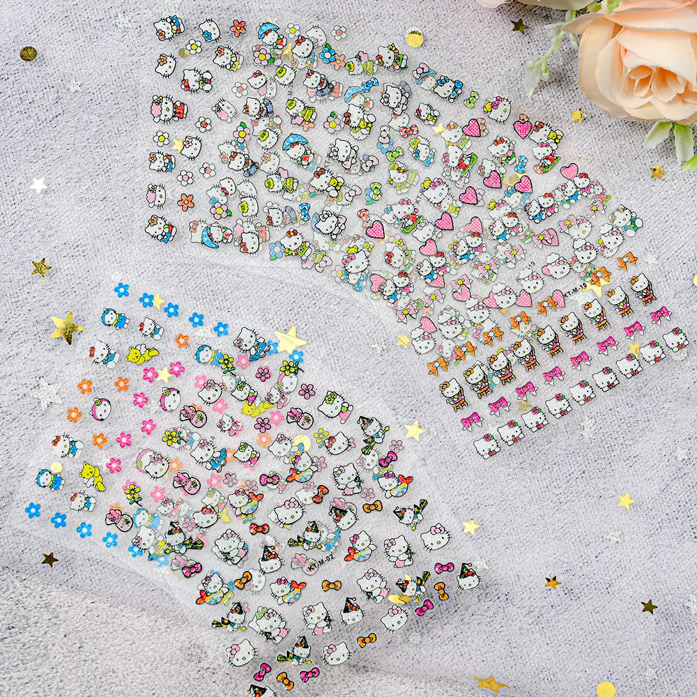 30Pcs Miniso Kawaii 3D Glitter Nail Stickers Hello Kitty Cartoon Design For Nail Decals Supplies KT Cat Stickers Press on Nails^