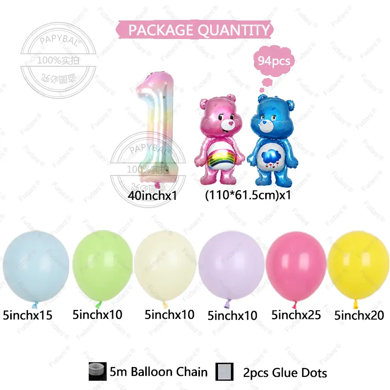 94pcs Cute Carebears Theme Pink Yellow Purple Latex Balloon Arch Set with 32inch Birthday Printed Balloons Girl First Birthday
