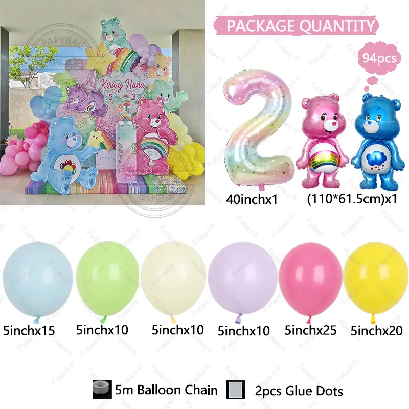 94pcs Cute Carebears Theme Pink Yellow Purple Latex Balloon Arch Set with 32inch Birthday Printed Balloons Girl First Birthday