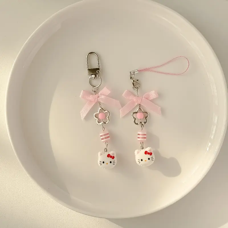 Sanrio Hello Kitty Phone Strap - Cute Bow Beaded Keychain for Girls, Kawaii CCD Camera Purse Charm Gift